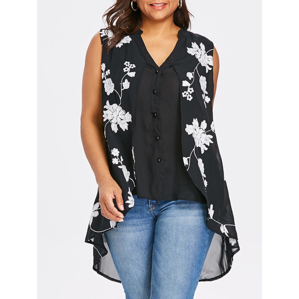 Plus Size V Neck Black & White Two Tone Blouse - Picture 1 of 8